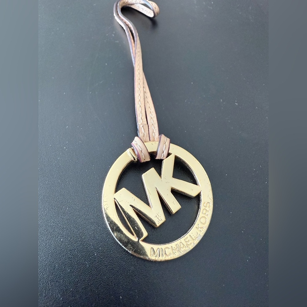 Michael Kors Gold Tone MK Logo Keychain with Tan Leather Strap - Picture 2 of 4
